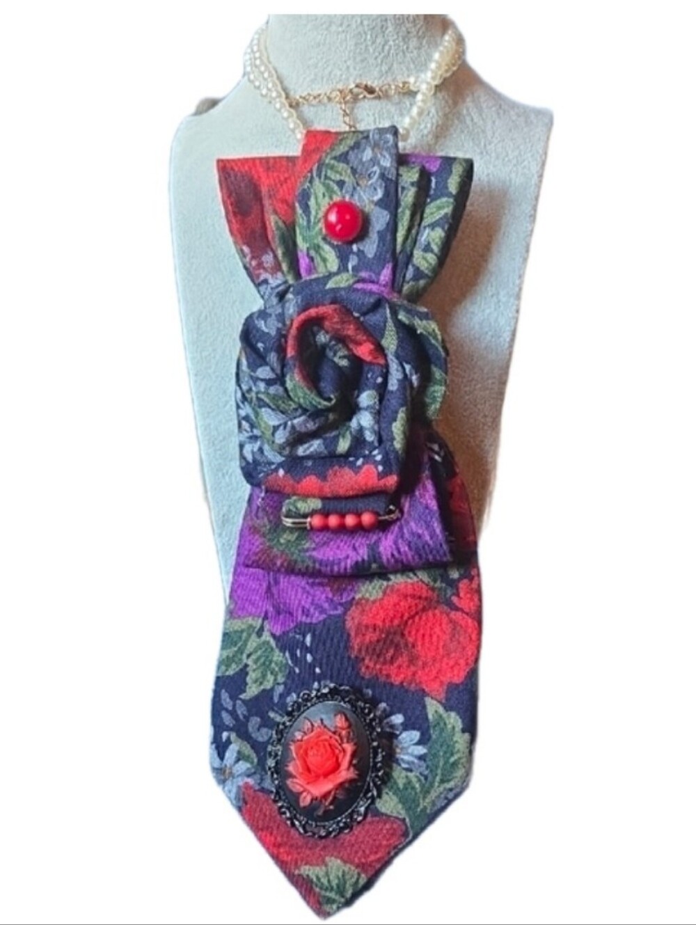 3/$60 Floral Statement Cravat in Navy, Red & Purple with Floretteand Rose Cameo